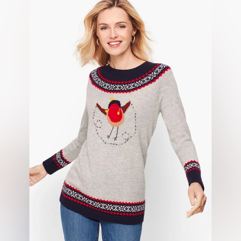 Talbots Holiday Bird Fair Isle Sweater Size XS Grandmillenial Hygge Classic Prep